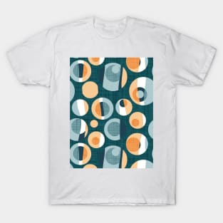 Rounded inspiration // pattern // green pine linen texture background orange tequila sunrise and blue malibu circles T-Shirt